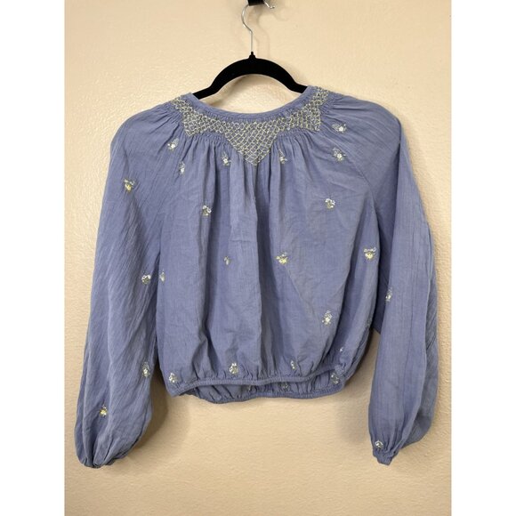 American Eagle Womens Blue Embroidered Crop Blouse Size S Bohemian Cotton - Picture 2 of 7